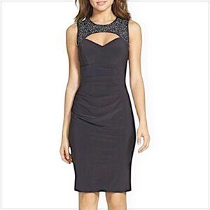 Cache Dark Gray Embellished Cutout Neckline Lace Trim Cocktail Ruched Dress 8